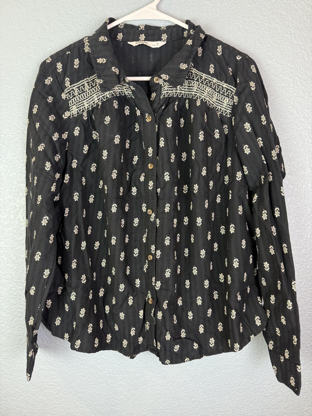 Sonoma Shirt Womens Medium Black White Floral Button Up Embroidered Boho Top